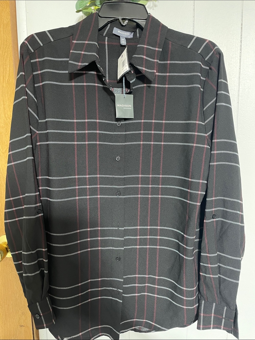 Madison Black Plaid Button-Down Shirt with Gray and Burgundy Stripes